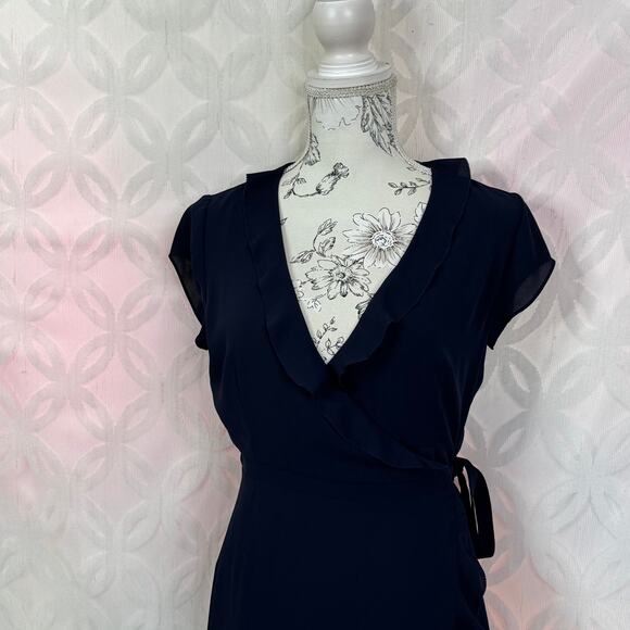 Aritzia Sunday Best Ruffle Wrap Chiffon Navy Mini Dress Size 2 - Picture 11 of 12
